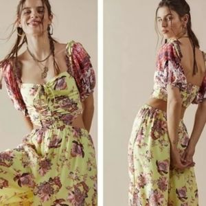 Free People Bali Citrus Skies Paisley Ruched Halter Neck Cut Out Jumpsuit, Small